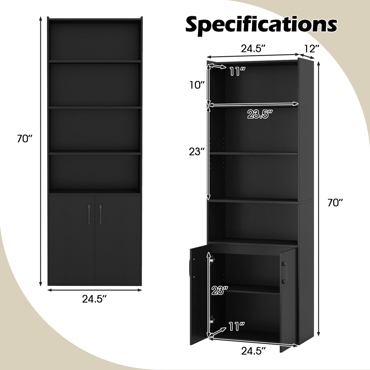 70 Inch Bookcase 6-Tier with Adjustable Shelves and 2-Door Cabinet-Black-Bookcases-DECOROLALA