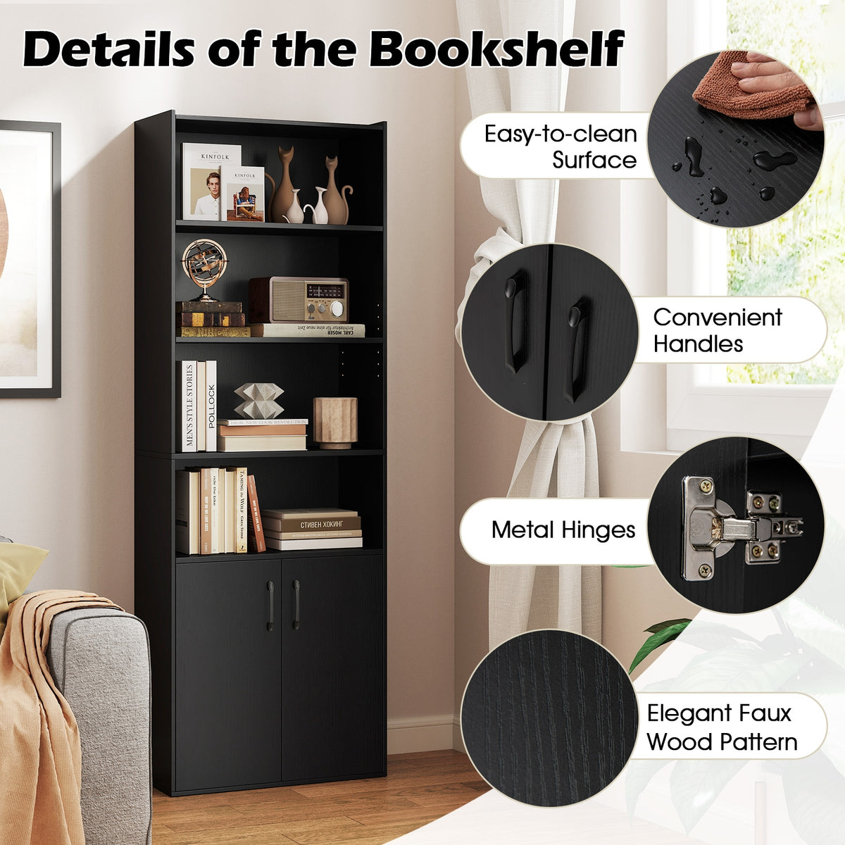 70 Inch Bookcase 6-Tier with Adjustable Shelves and 2-Door Cabinet-Black-Bookcases-DECOROLALA