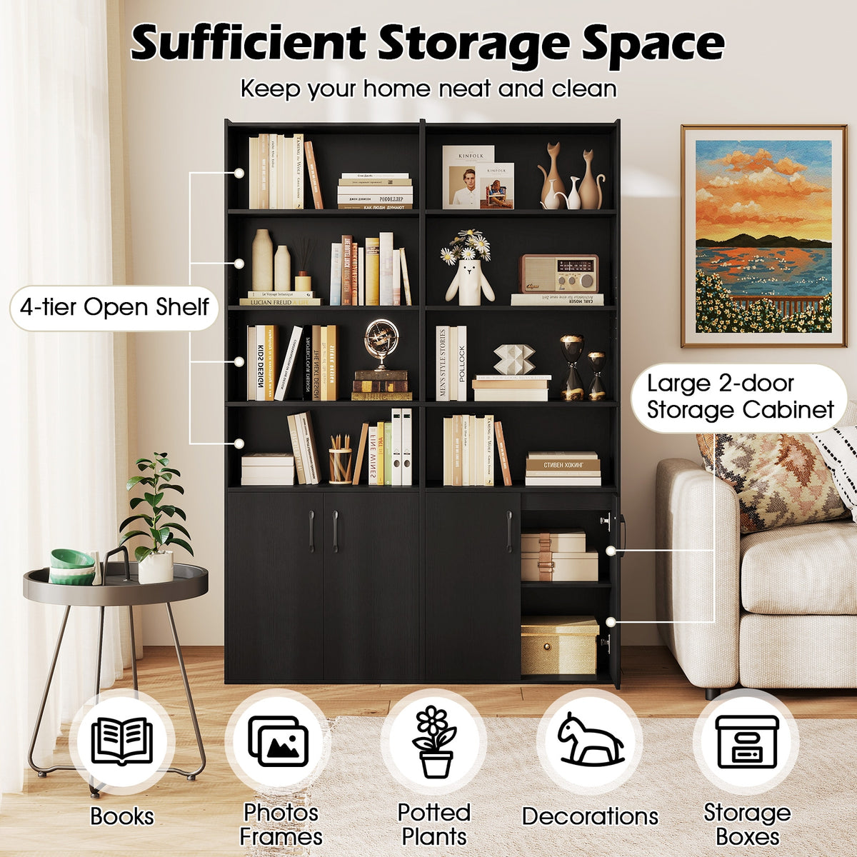 70 Inch Bookcase 6-Tier with Adjustable Shelves and 2-Door Cabinet-Black-Bookcases-DECOROLALA
