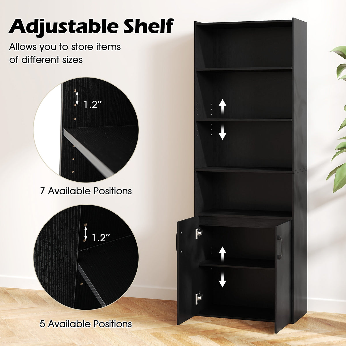 70 Inch Bookcase 6-Tier with Adjustable Shelves and 2-Door Cabinet-Black-Bookcases-DECOROLALA