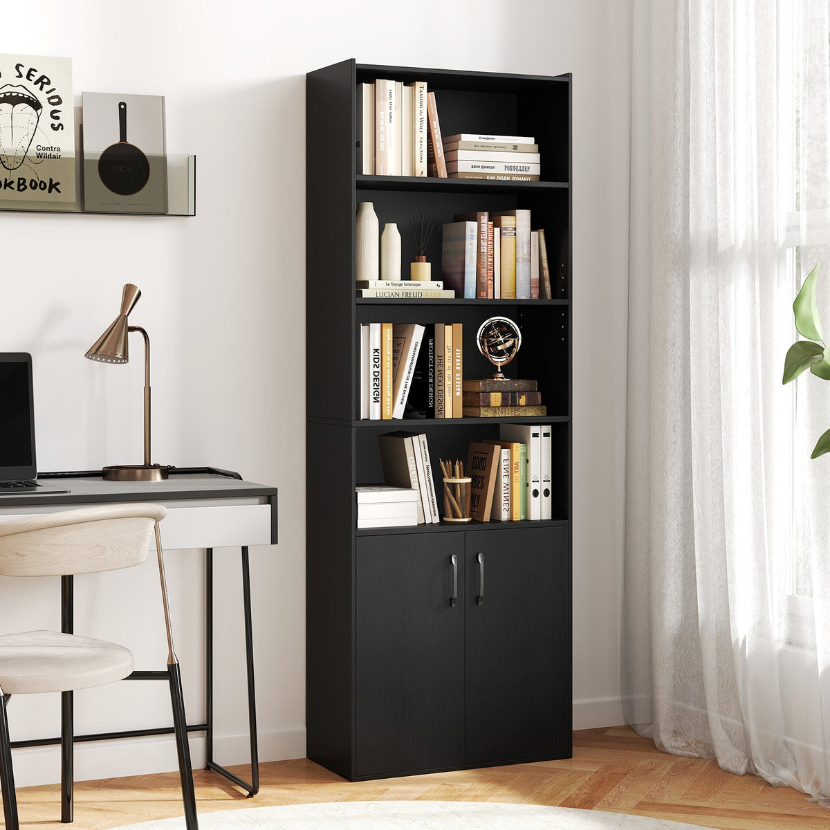 70 Inch Bookcase 6-Tier with Adjustable Shelves and 2-Door Cabinet-Black-Bookcases-DECOROLALA