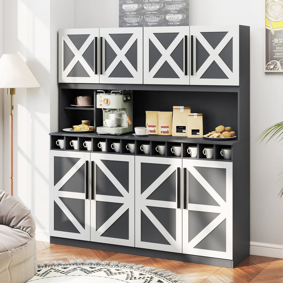 70 Inch Farmhouse Pantry Cabinet Kitchen Buffet Hutch with 4 Cabinets and 2 Open Shelves-Dark Gray-Sideboards & Buffets-DECOROLALA