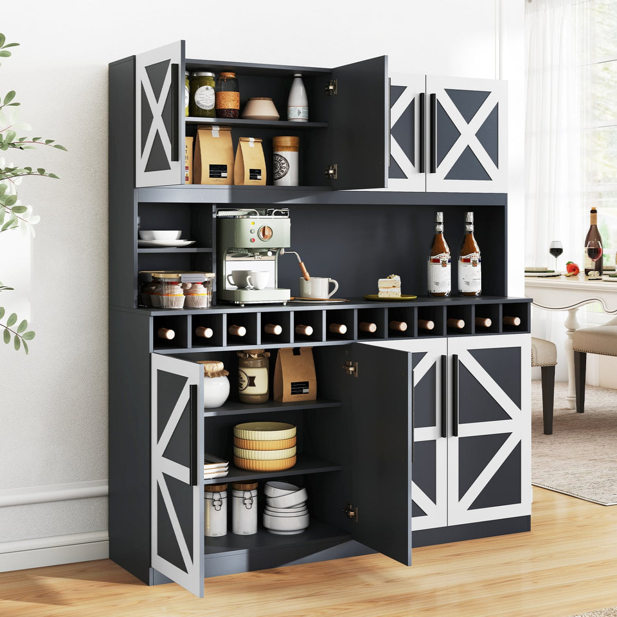 70 Inch Farmhouse Pantry Cabinet Kitchen Buffet Hutch with 4 Cabinets and 2 Open Shelves-Dark Gray-Sideboards & Buffets-DECOROLALA