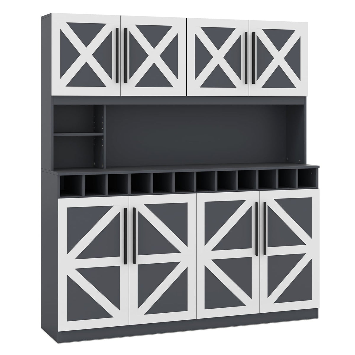 70 Inch Farmhouse Pantry Cabinet Kitchen Buffet Hutch with 4 Cabinets and 2 Open Shelves-Dark Gray-Sideboards & Buffets-DECOROLALA