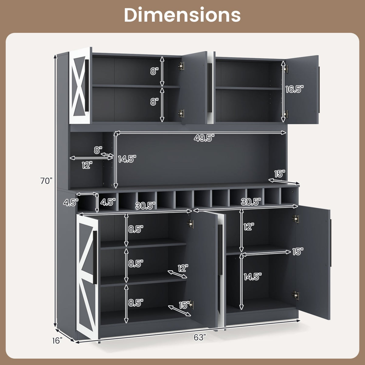 70 Inch Farmhouse Pantry Cabinet Kitchen Buffet Hutch with 4 Cabinets and 2 Open Shelves-Dark Gray-Sideboards & Buffets-DECOROLALA