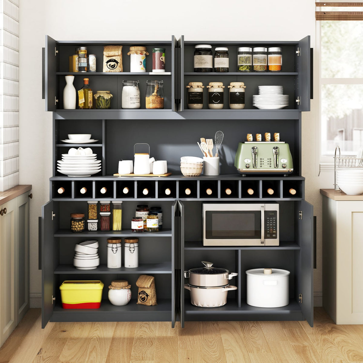 70 Inch Farmhouse Pantry Cabinet Kitchen Buffet Hutch with 4 Cabinets and 2 Open Shelves-Dark Gray-Sideboards & Buffets-DECOROLALA