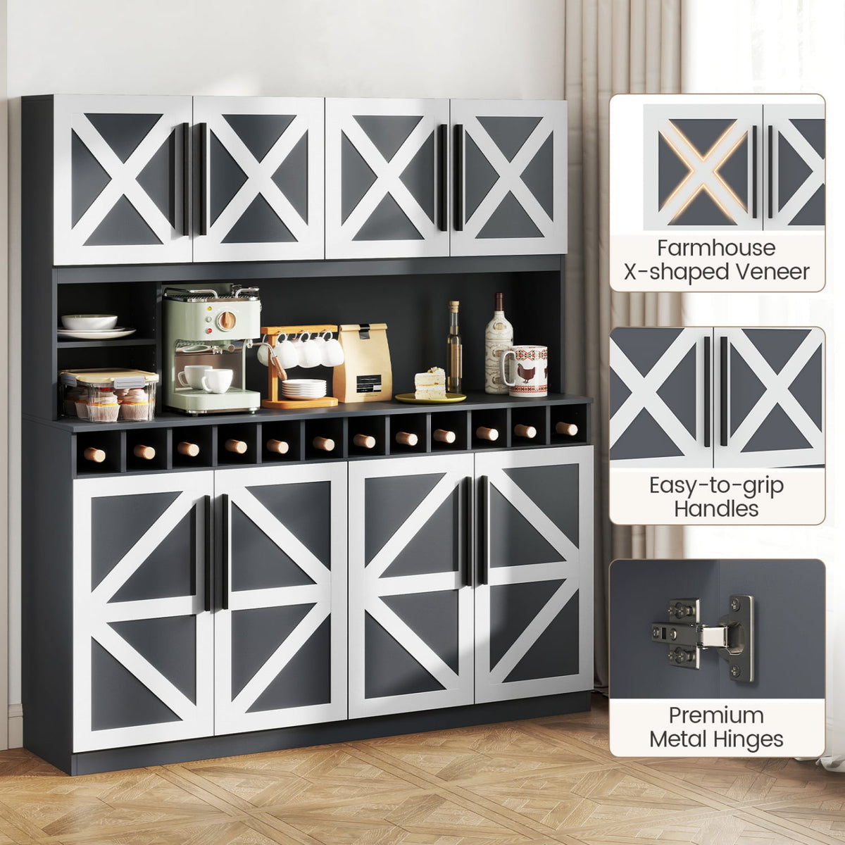 70 Inch Farmhouse Pantry Cabinet Kitchen Buffet Hutch with 4 Cabinets and 2 Open Shelves-Dark Gray-Sideboards & Buffets-DECOROLALA