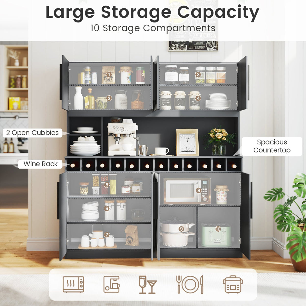 70 Inch Farmhouse Pantry Cabinet Kitchen Buffet Hutch with 4 Cabinets and 2 Open Shelves-Dark Gray-Sideboards & Buffets-DECOROLALA