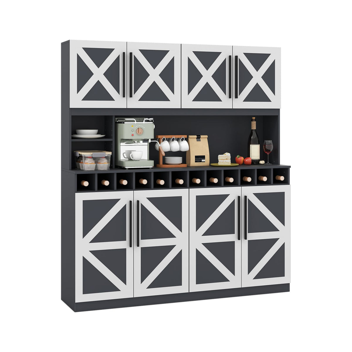 70 Inch Farmhouse Pantry Cabinet Kitchen Buffet Hutch with 4 Cabinets and 2 Open Shelves-Dark Gray-Sideboards & Buffets-DECOROLALA