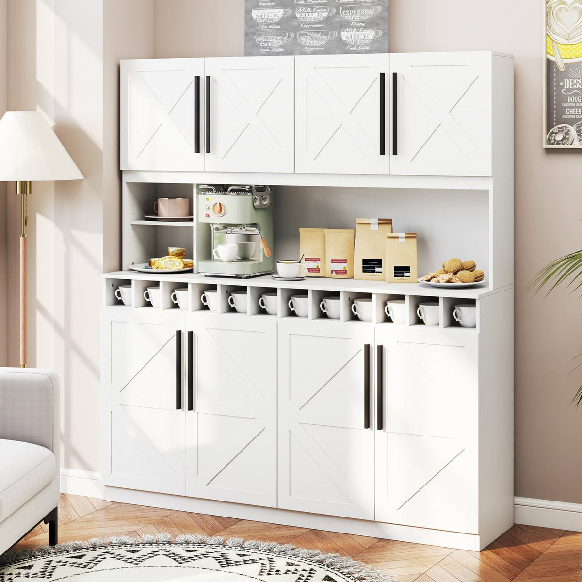 70 Inch Farmhouse Pantry Cabinet Kitchen Buffet Hutch with 4 Cabinets and 2 Open Shelves-White-Buffets-DECOROLALA