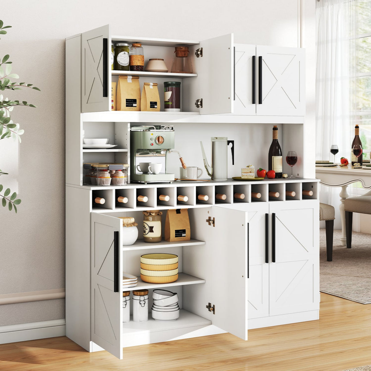 70 Inch Farmhouse Pantry Cabinet Kitchen Buffet Hutch with 4 Cabinets and 2 Open Shelves-White-Buffets-DECOROLALA