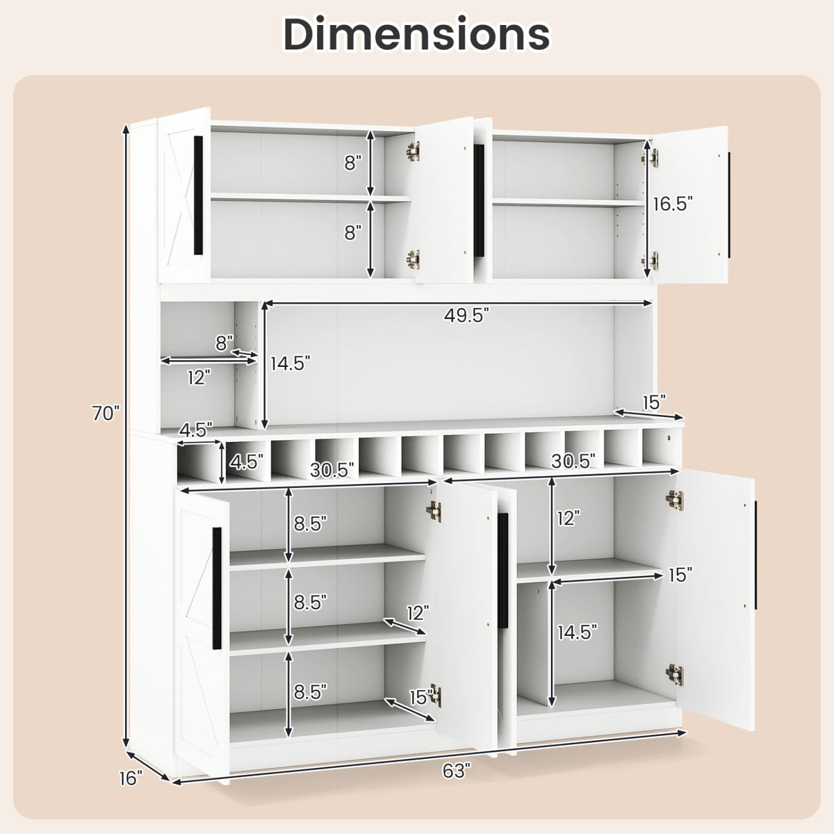 70 Inch Farmhouse Pantry Cabinet Kitchen Buffet Hutch with 4 Cabinets and 2 Open Shelves-White-Buffets-DECOROLALA