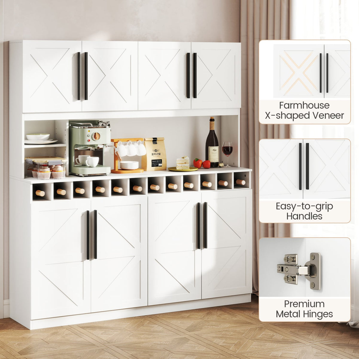 70 Inch Farmhouse Pantry Cabinet Kitchen Buffet Hutch with 4 Cabinets and 2 Open Shelves-White-Buffets-DECOROLALA