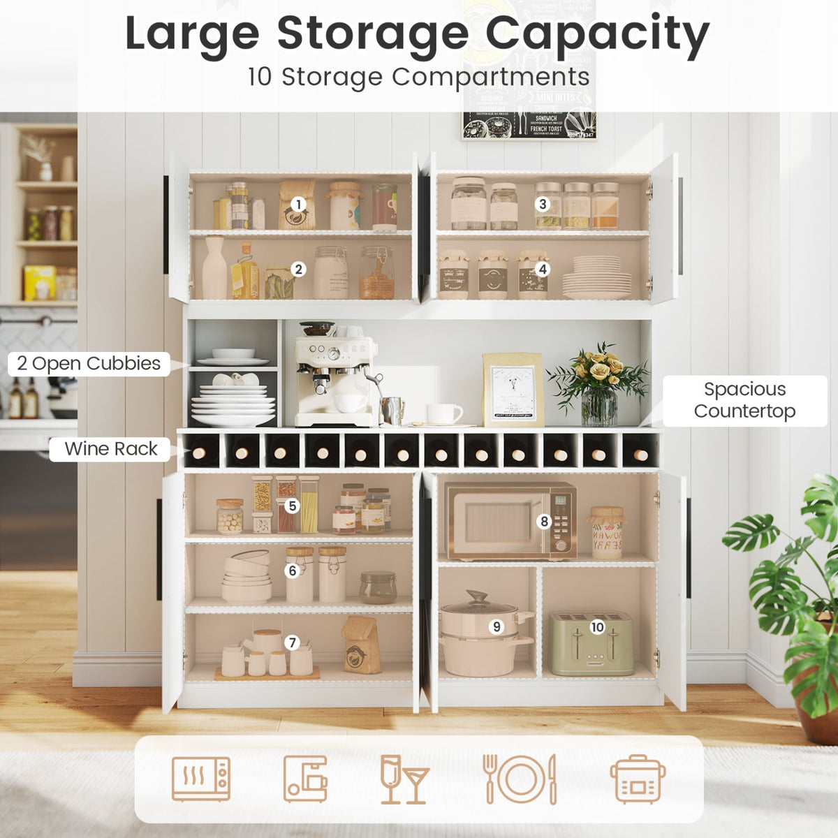 70 Inch Farmhouse Pantry Cabinet Kitchen Buffet Hutch with 4 Cabinets and 2 Open Shelves-White-Buffets-DECOROLALA
