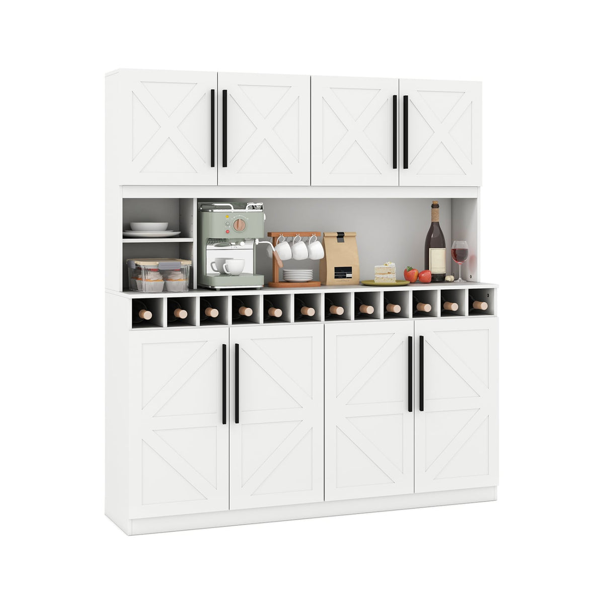 70 Inch Farmhouse Pantry Cabinet Kitchen Buffet Hutch with 4 Cabinets and 2 Open Shelves-White-Buffets-DECOROLALA
