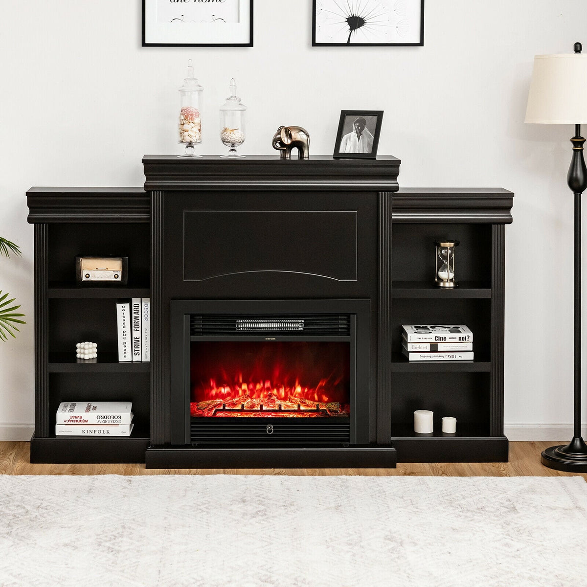 70 Inch Modern Fireplace Media Entertainment Center with Bookcase-Black-Entertainment Centers & TV Stands-DECOROLALA