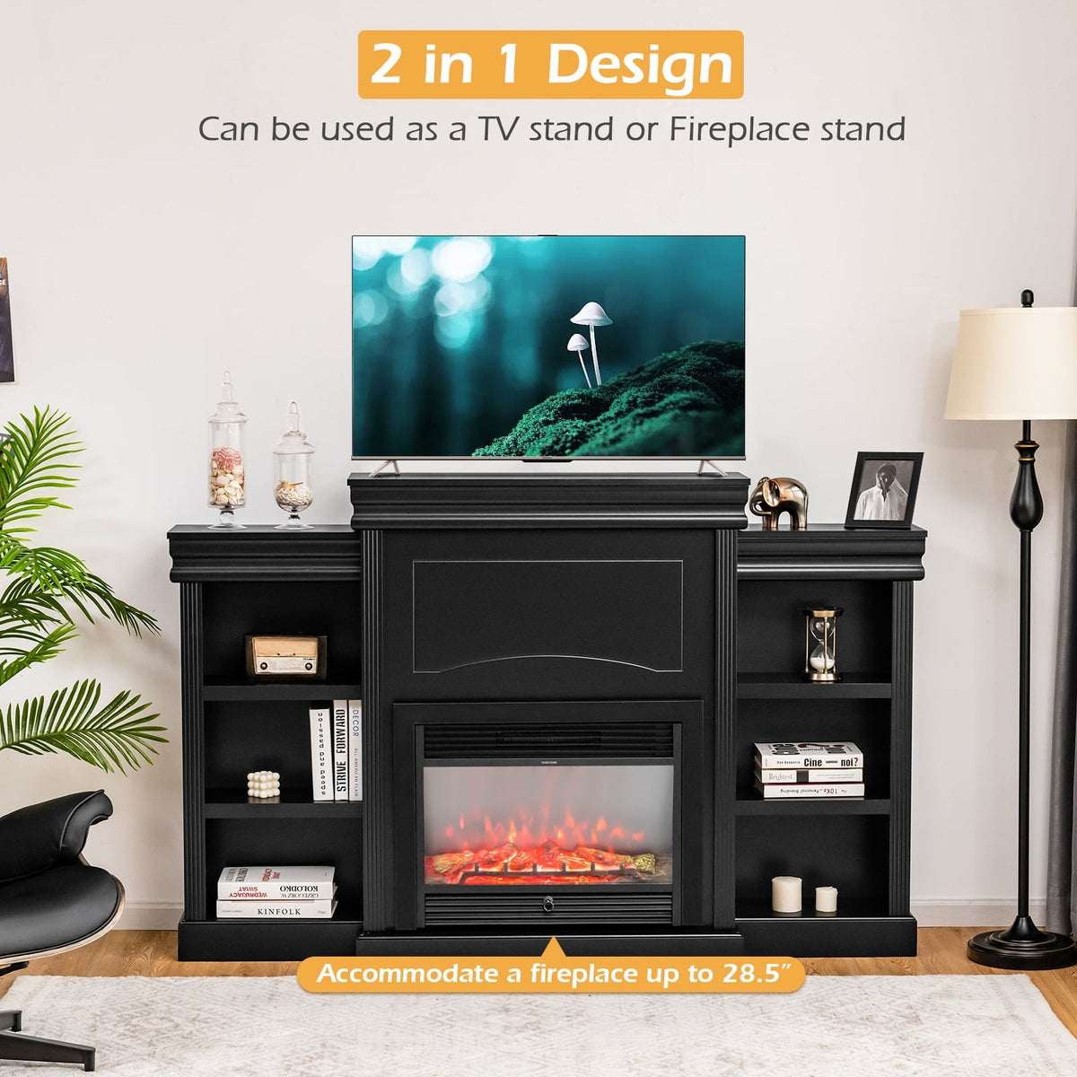 70 Inch Modern Fireplace Media Entertainment Center with Bookcase-Black-Entertainment Centers & TV Stands-DECOROLALA