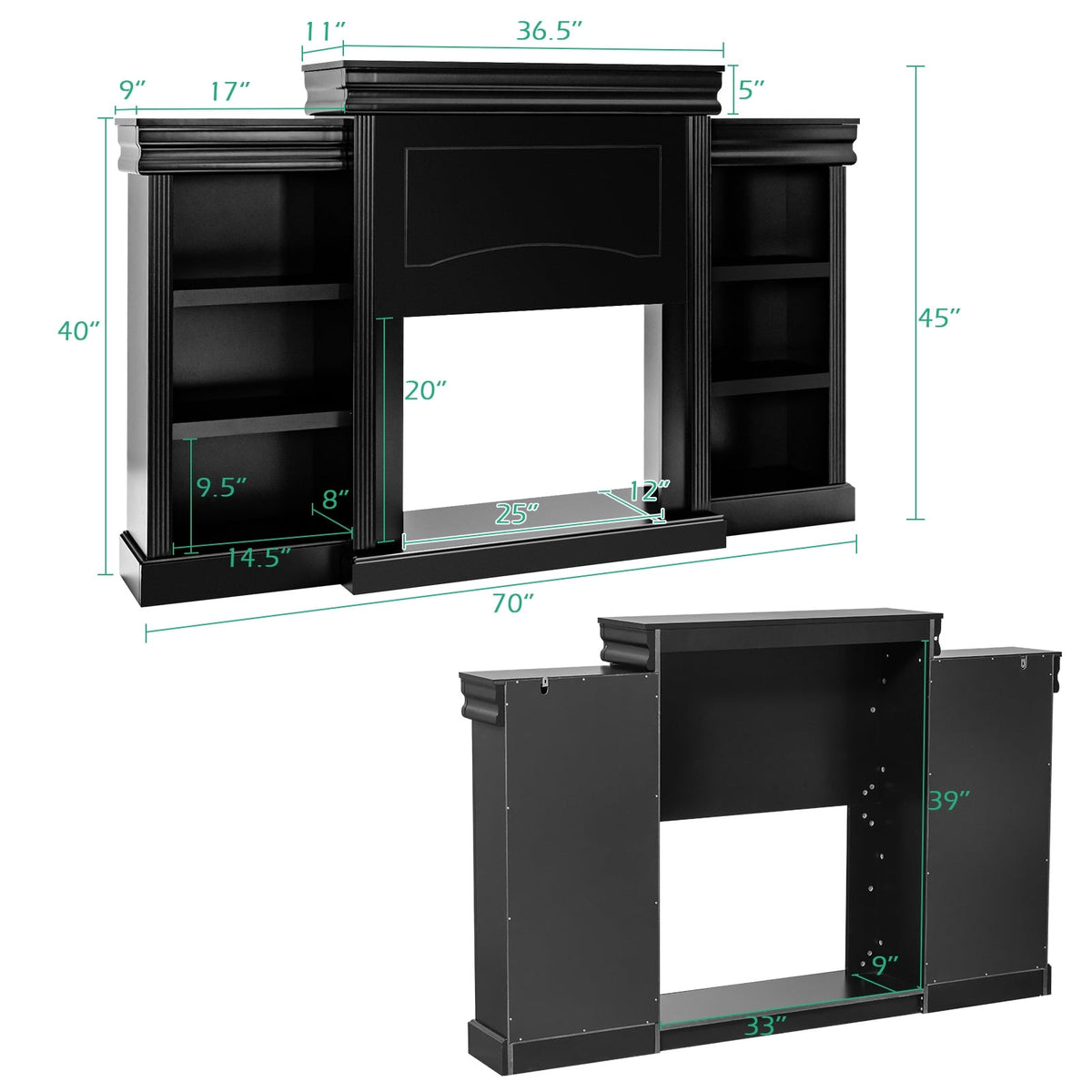 70 Inch Modern Fireplace Media Entertainment Center with Bookcase-Black-Entertainment Centers & TV Stands-DECOROLALA