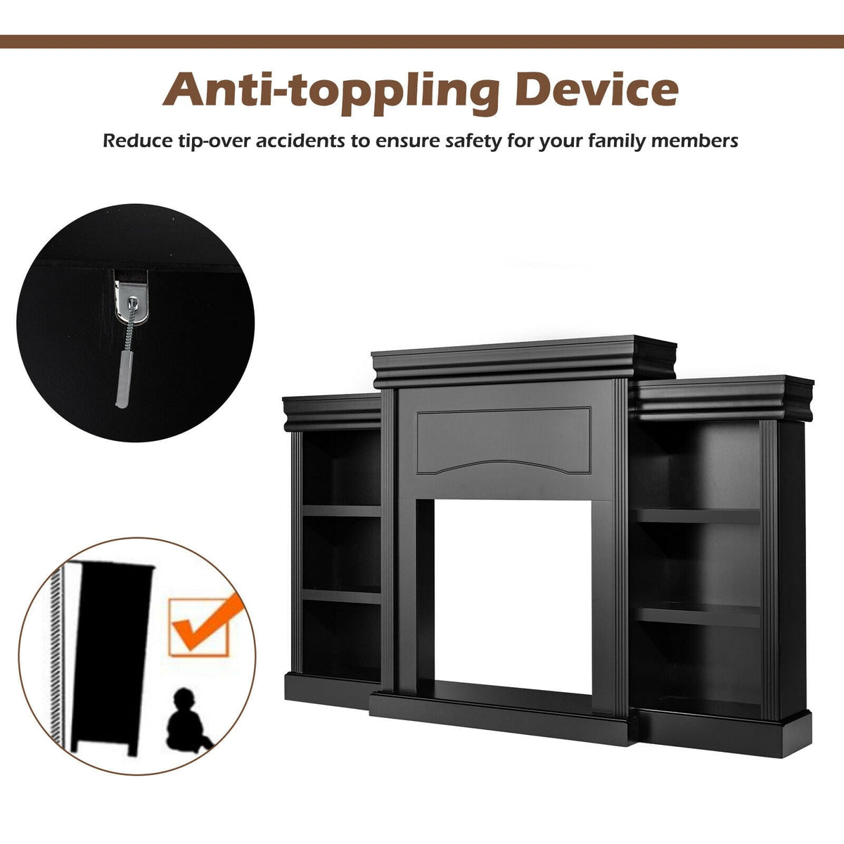 70 Inch Modern Fireplace Media Entertainment Center with Bookcase-Black-Entertainment Centers & TV Stands-DECOROLALA