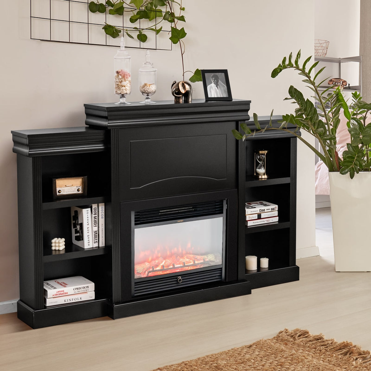 70 Inch Modern Fireplace Media Entertainment Center with Bookcase-Black-Entertainment Centers & TV Stands-DECOROLALA