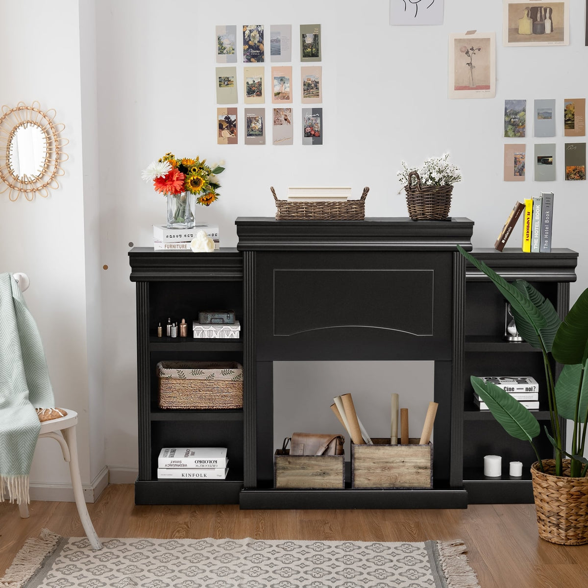 70 Inch Modern Fireplace Media Entertainment Center with Bookcase-Black-Entertainment Centers & TV Stands-DECOROLALA