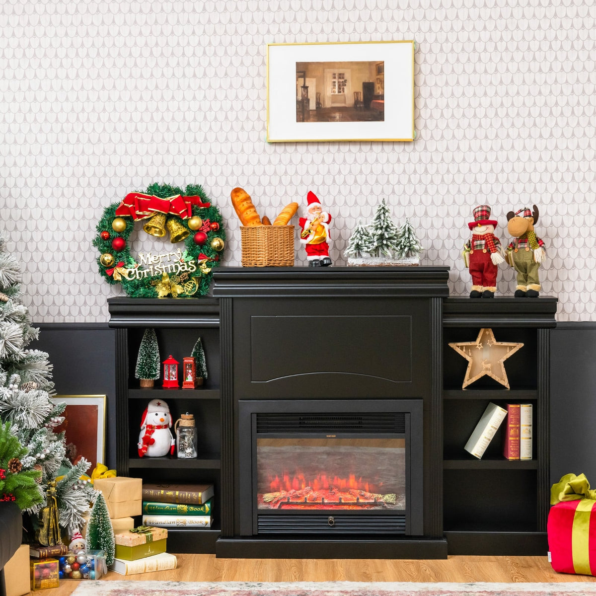 70 Inch Modern Fireplace Media Entertainment Center with Bookcase-Black-Entertainment Centers & TV Stands-DECOROLALA