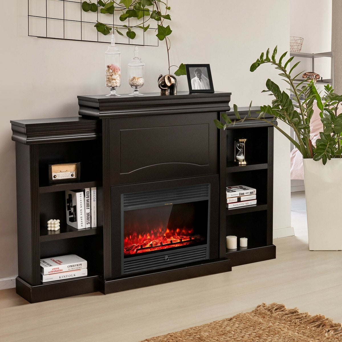 70 Inch Modern Fireplace Media Entertainment Center with Bookcase-Brown-Entertainment Centers & TV Stands-DECOROLALA