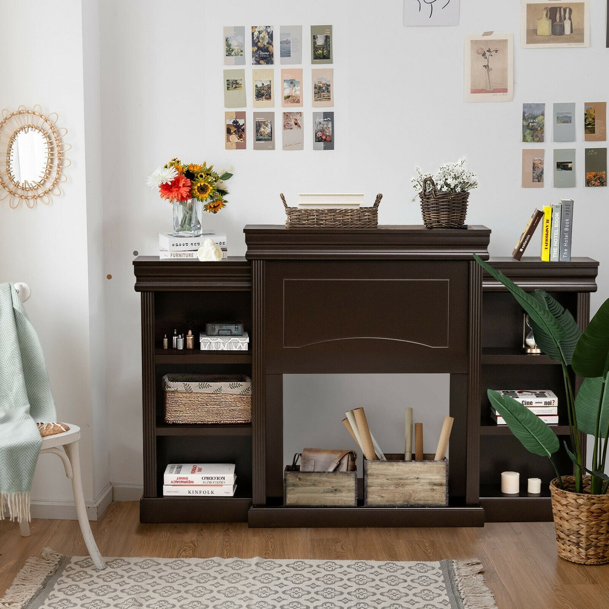 70 Inch Modern Fireplace Media Entertainment Center with Bookcase-Brown-Entertainment Centers & TV Stands-DECOROLALA
