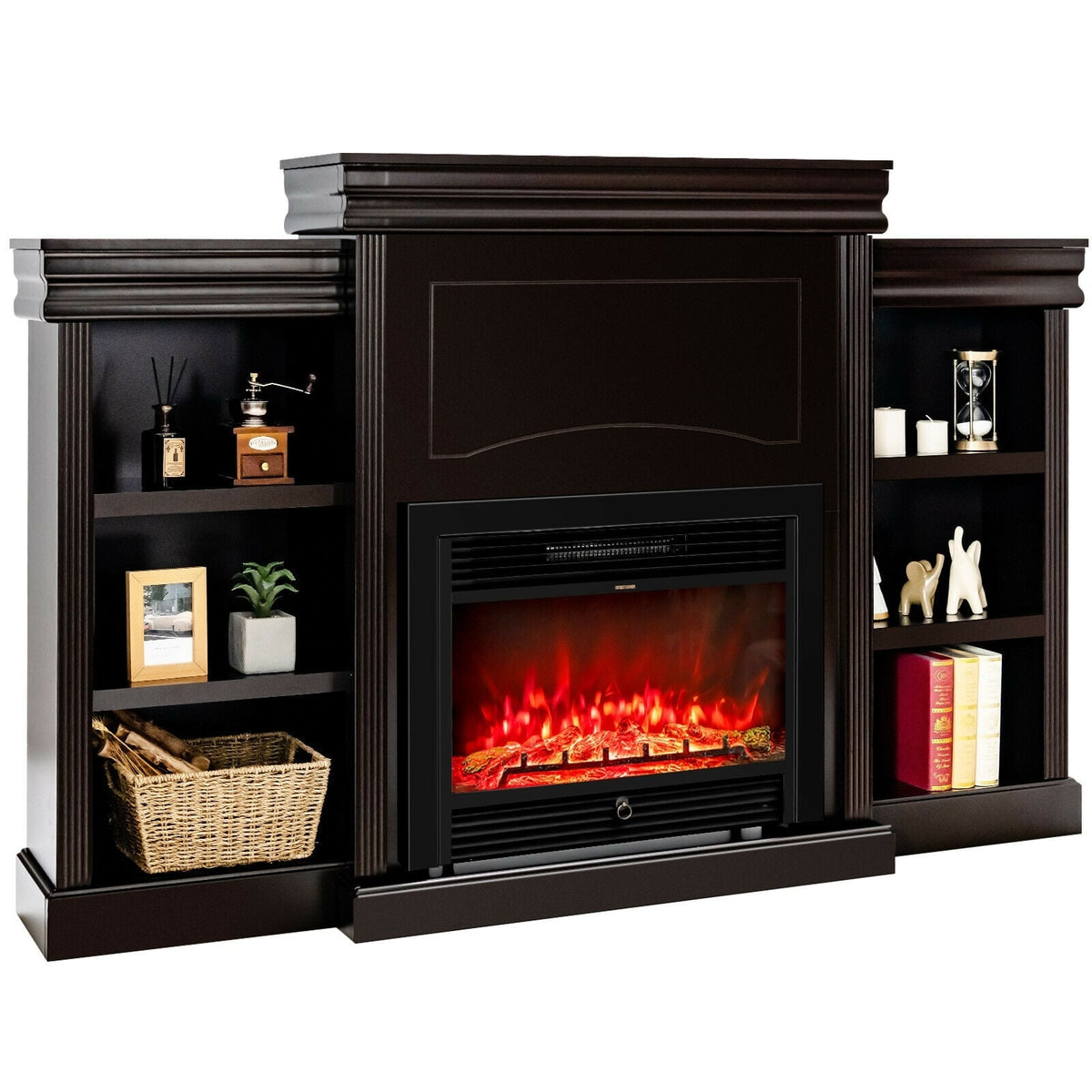70 Inch Modern Fireplace Media Entertainment Center with Bookcase-Brown-Entertainment Centers & TV Stands-DECOROLALA