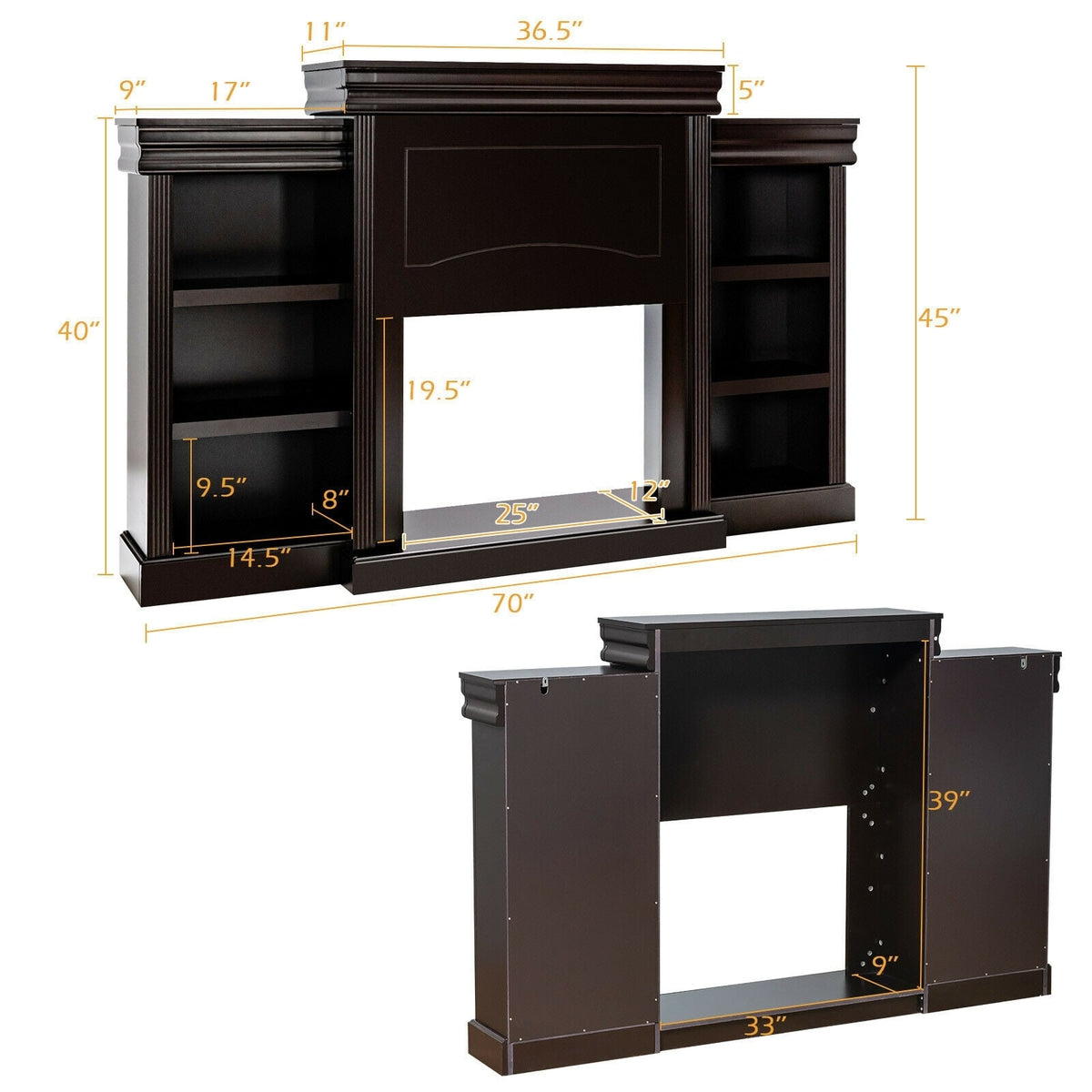70 Inch Modern Fireplace Media Entertainment Center with Bookcase-Brown-Entertainment Centers & TV Stands-DECOROLALA