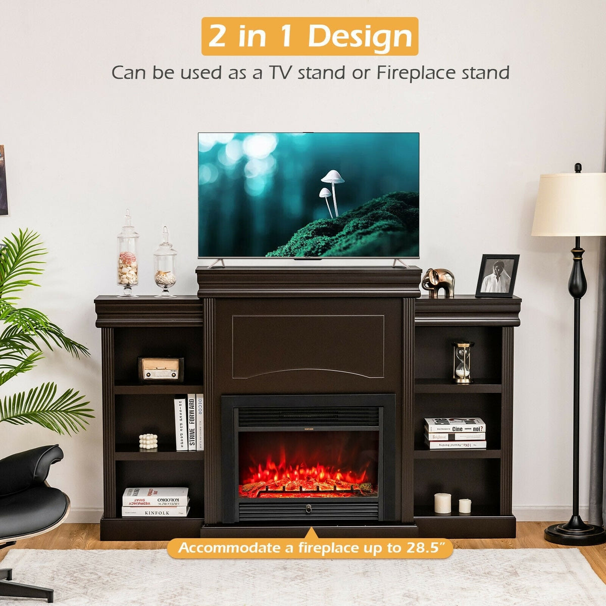 70 Inch Modern Fireplace Media Entertainment Center with Bookcase-Brown-Entertainment Centers & TV Stands-DECOROLALA