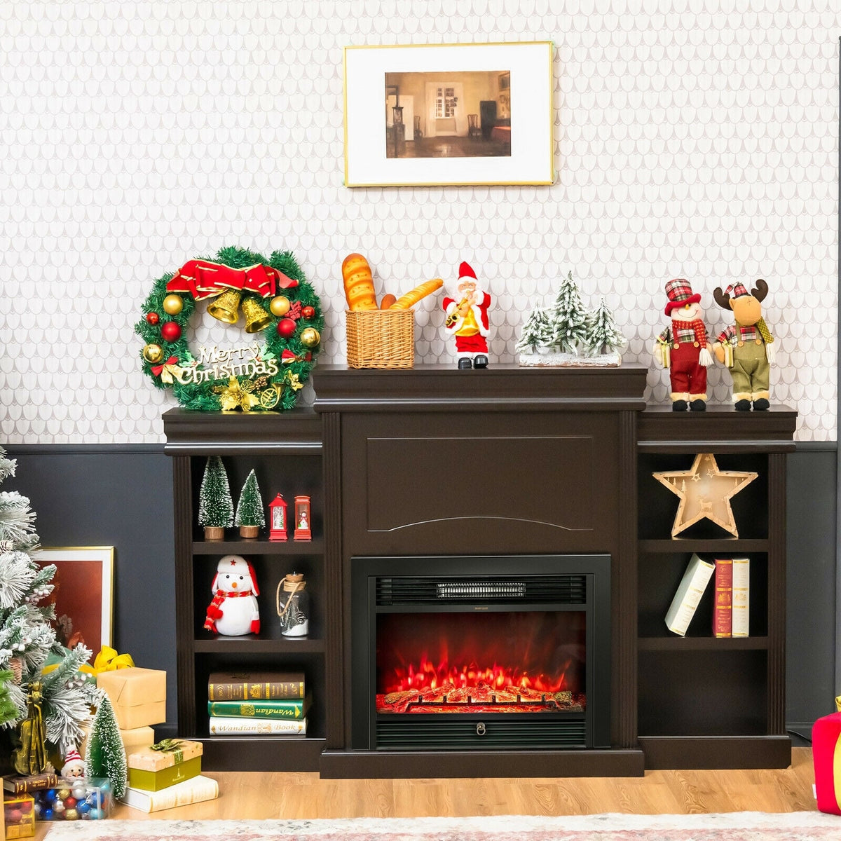 70 Inch Modern Fireplace Media Entertainment Center with Bookcase-Brown-Entertainment Centers & TV Stands-DECOROLALA