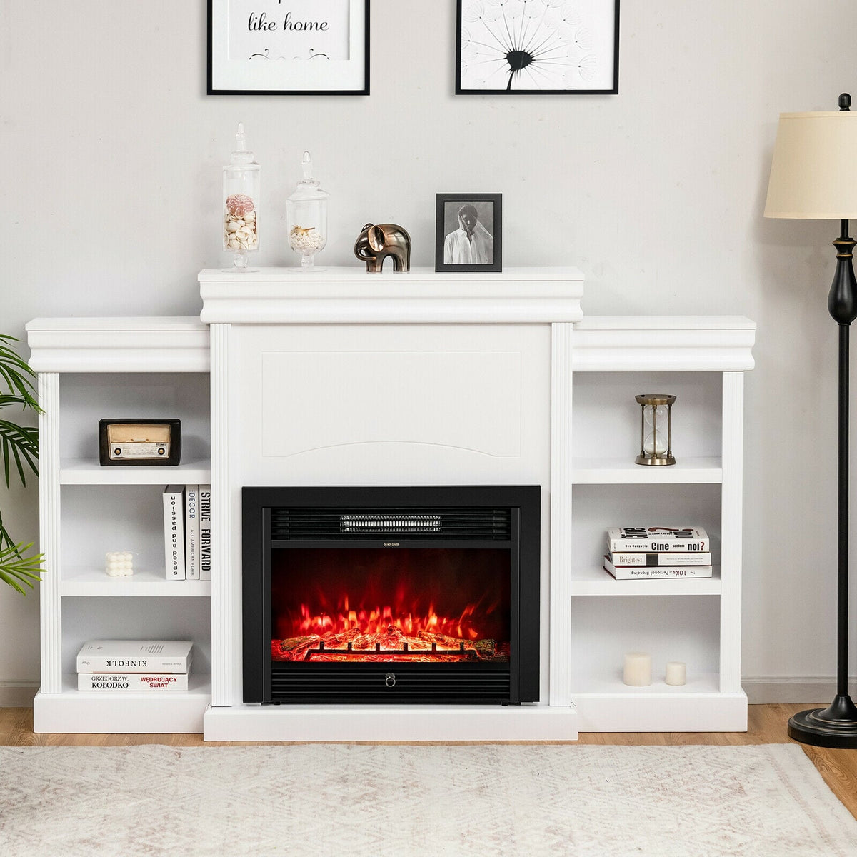 70 Inch Modern Fireplace Media Entertainment Center with Bookcase-White-Entertainment Centers & TV Stands-DECOROLALA