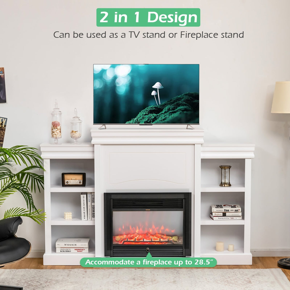 70 Inch Modern Fireplace Media Entertainment Center with Bookcase-White-Entertainment Centers & TV Stands-DECOROLALA