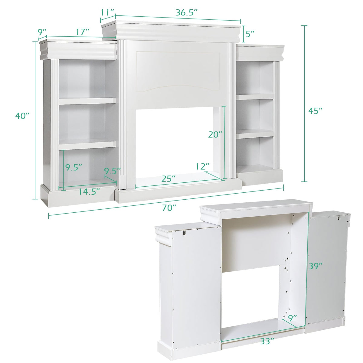 70 Inch Modern Fireplace Media Entertainment Center with Bookcase-White-Entertainment Centers & TV Stands-DECOROLALA