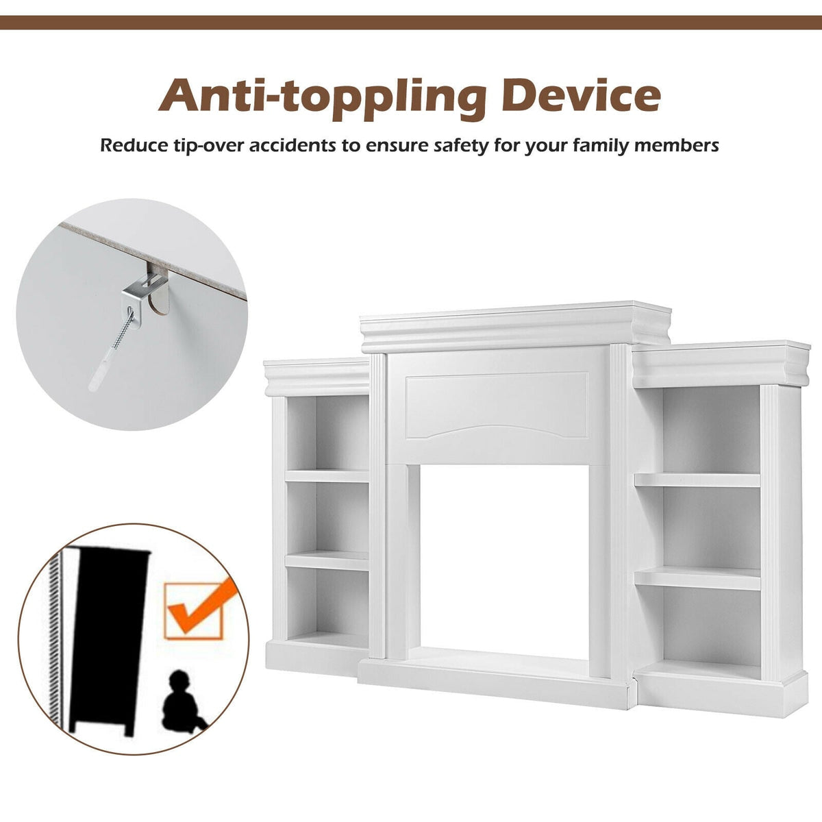 70 Inch Modern Fireplace Media Entertainment Center with Bookcase-White-Entertainment Centers & TV Stands-DECOROLALA