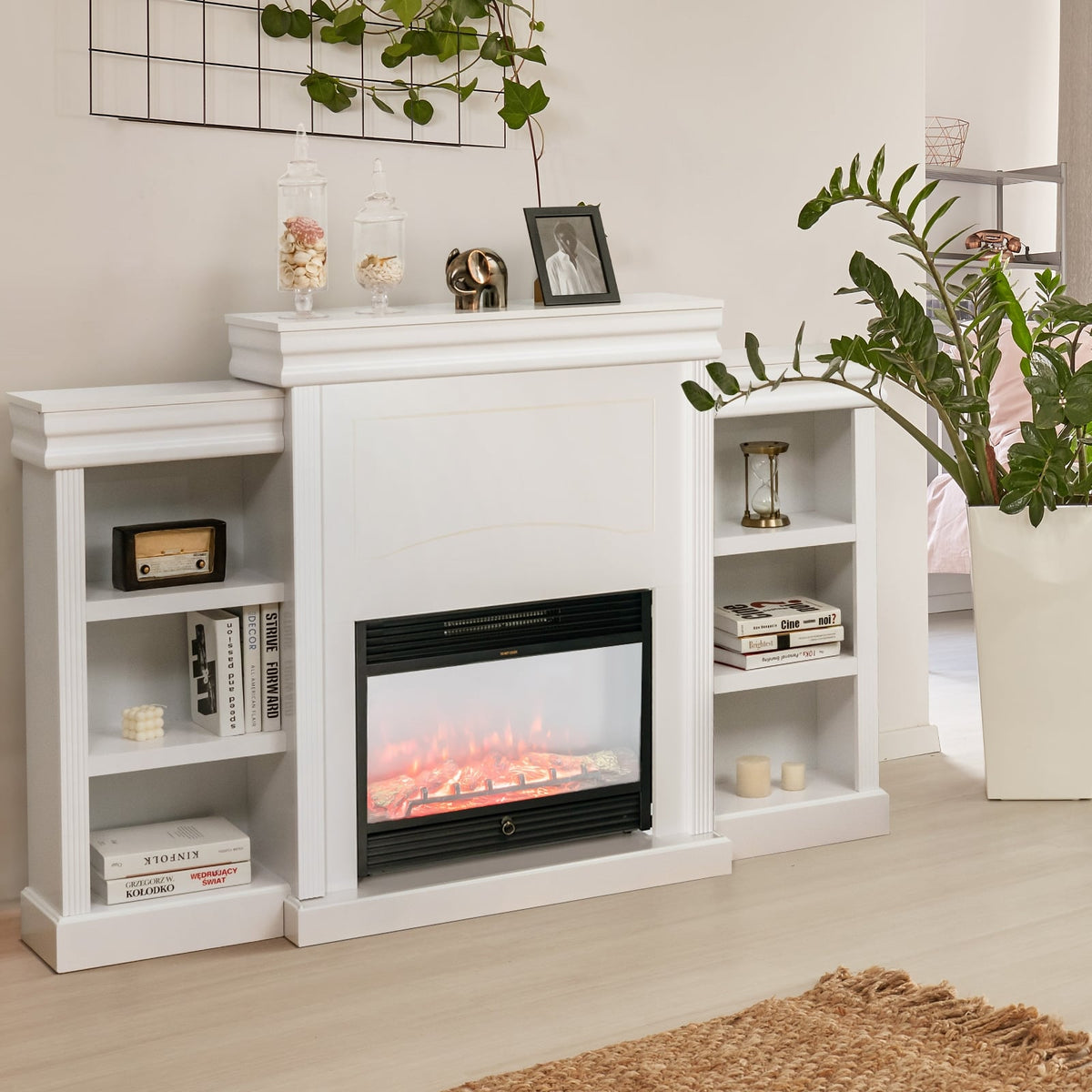70 Inch Modern Fireplace Media Entertainment Center with Bookcase-White-Entertainment Centers & TV Stands-DECOROLALA