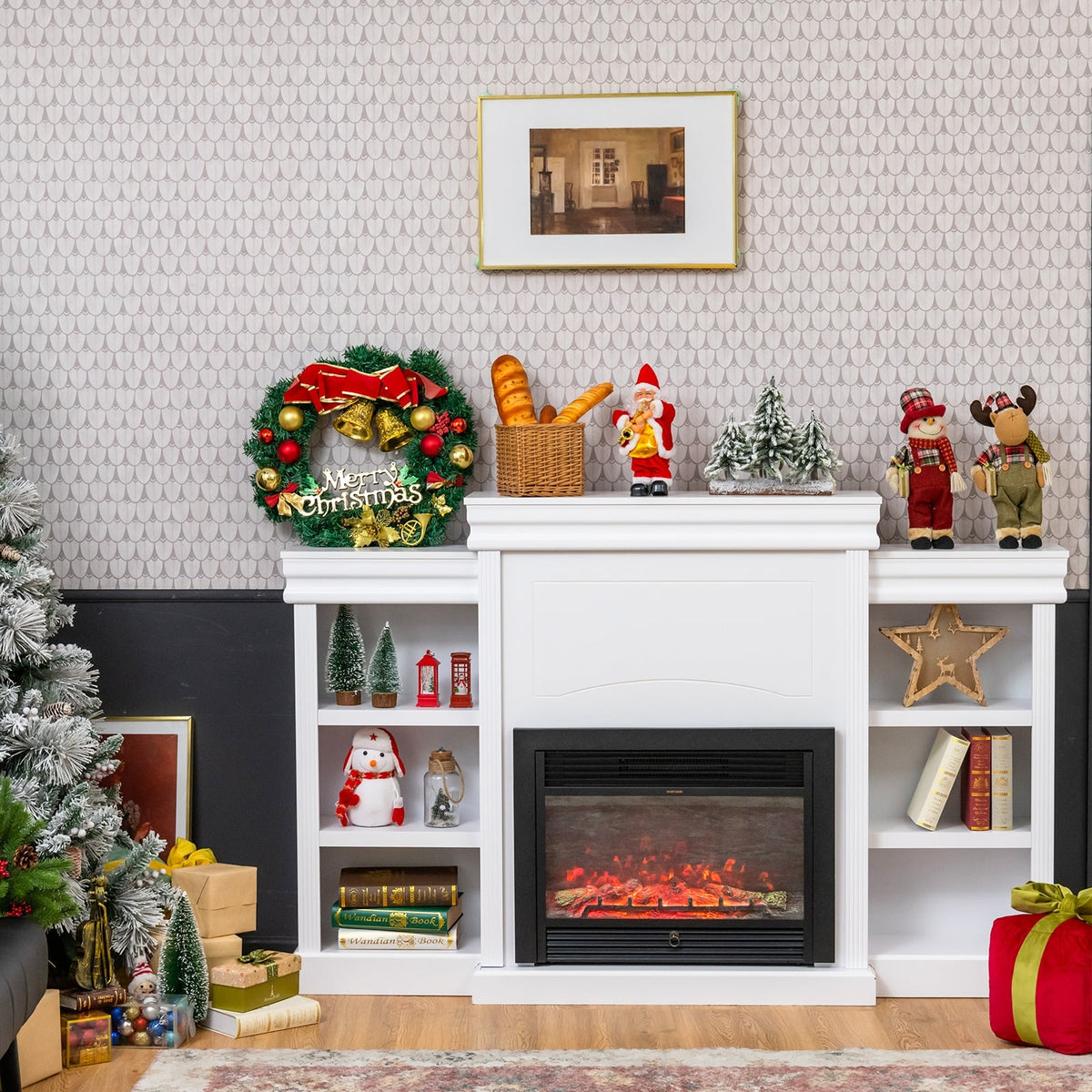 70 Inch Modern Fireplace Media Entertainment Center with Bookcase-White-Entertainment Centers & TV Stands-DECOROLALA