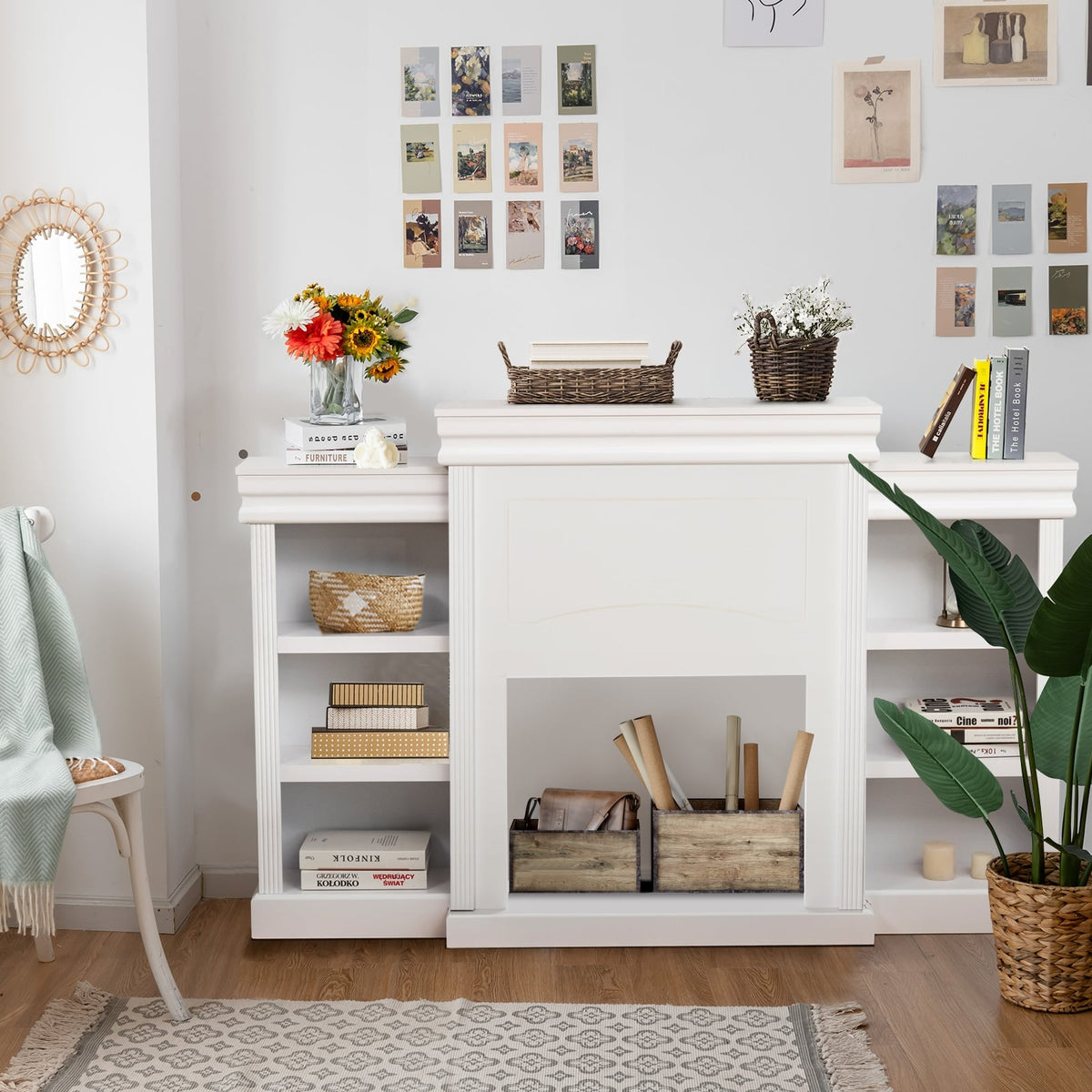 70 Inch Modern Fireplace Media Entertainment Center with Bookcase-White-Entertainment Centers & TV Stands-DECOROLALA