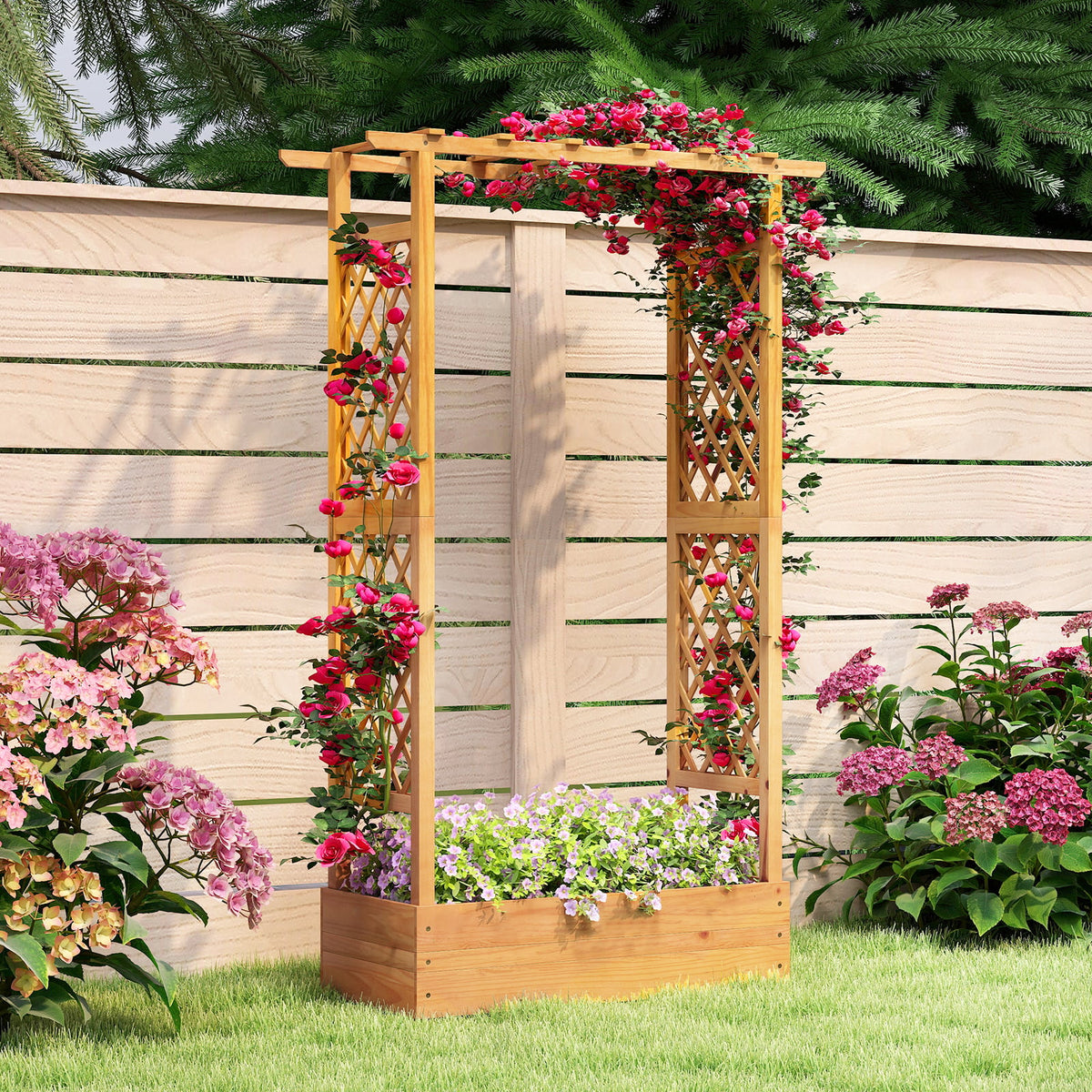 70 Inch Wooden Raised Garden Bed with Lattice Trellis-Natural-Raised Garden Beds-DECOROLALA