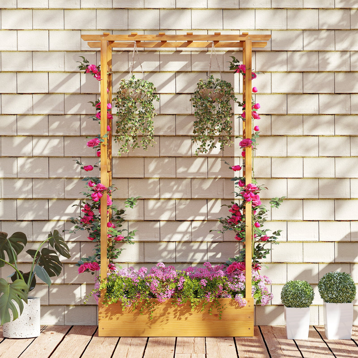 70 Inch Wooden Raised Garden Bed with Lattice Trellis-Natural-Raised Garden Beds-DECOROLALA