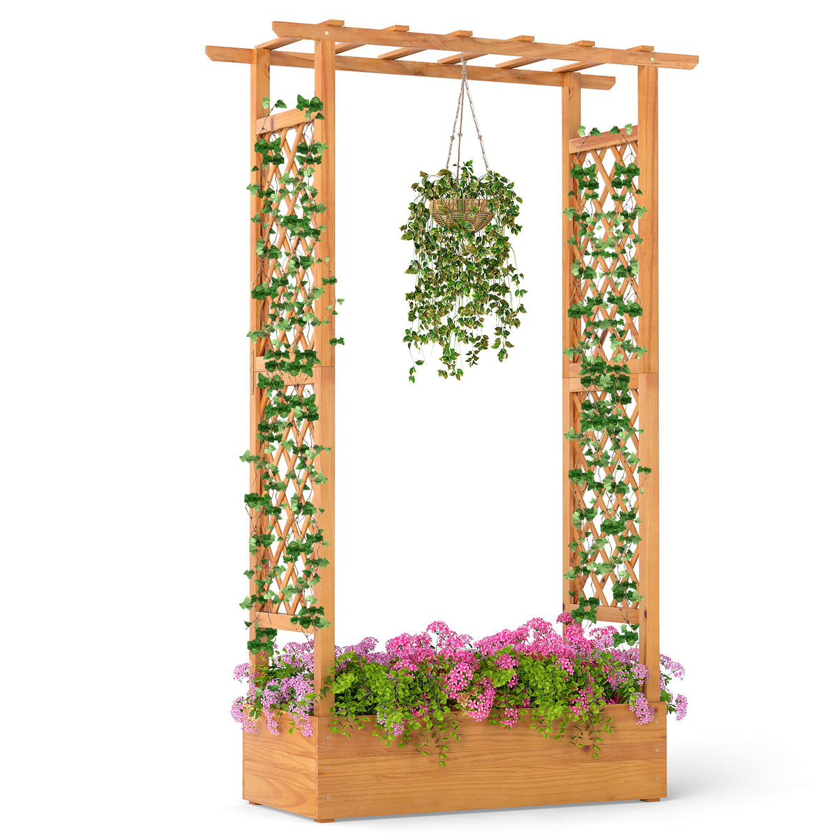 70 Inch Wooden Raised Garden Bed with Lattice Trellis-Natural-Raised Garden Beds-DECOROLALA