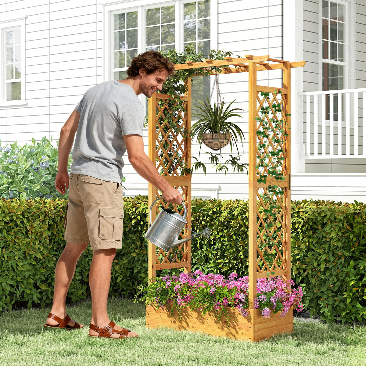 70 Inch Wooden Raised Garden Bed with Lattice Trellis-Natural-Raised Garden Beds-DECOROLALA