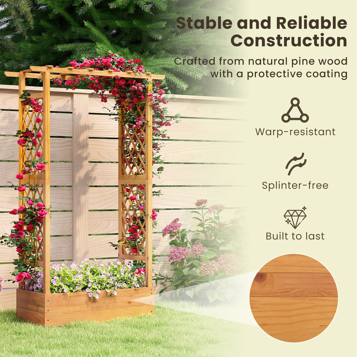 70 Inch Wooden Raised Garden Bed with Lattice Trellis-Natural-Raised Garden Beds-DECOROLALA