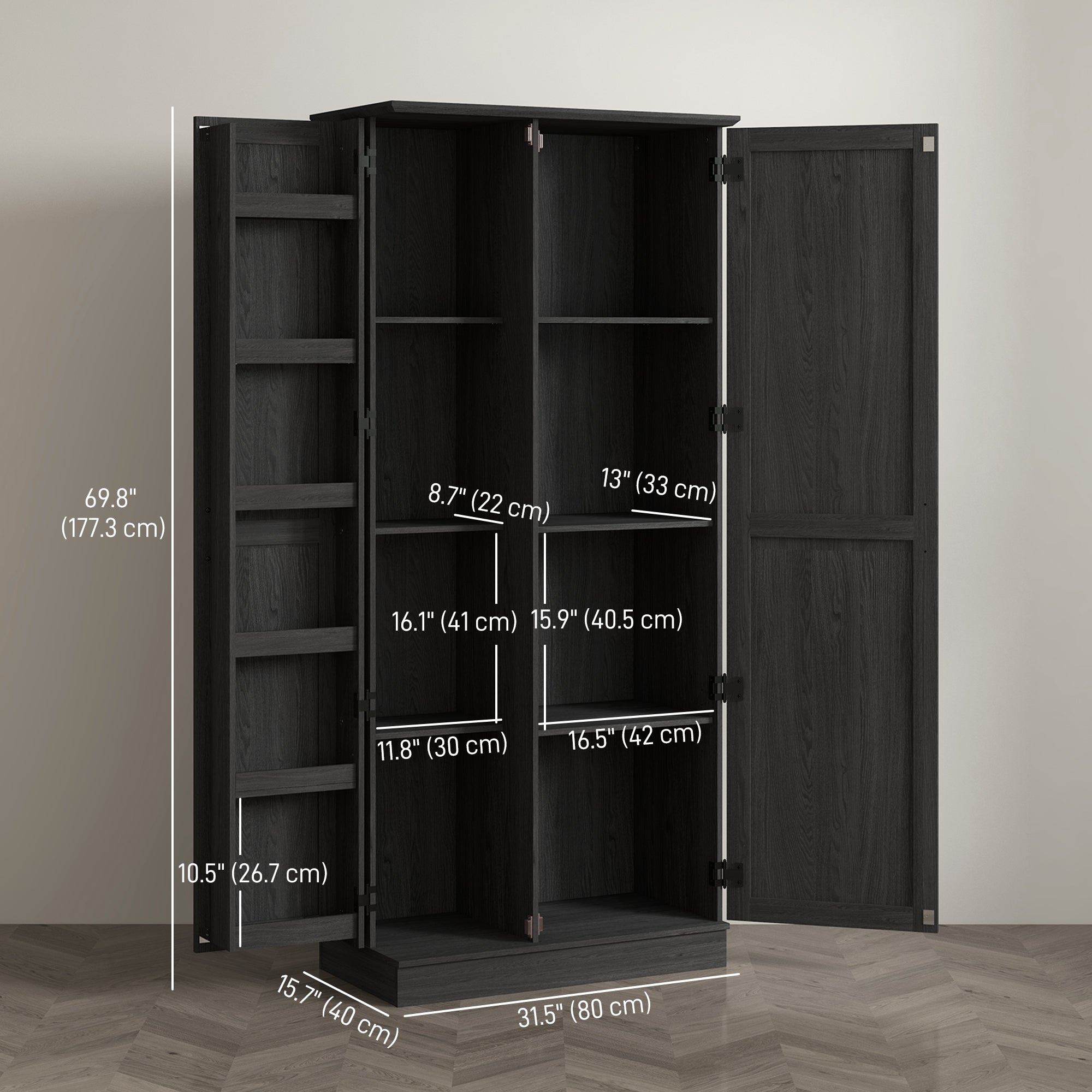 70" Kitchen Pantry Cabinet - Black Wood Grain Shelves Adjustable, Anti-Tipping-DECOROLALA
