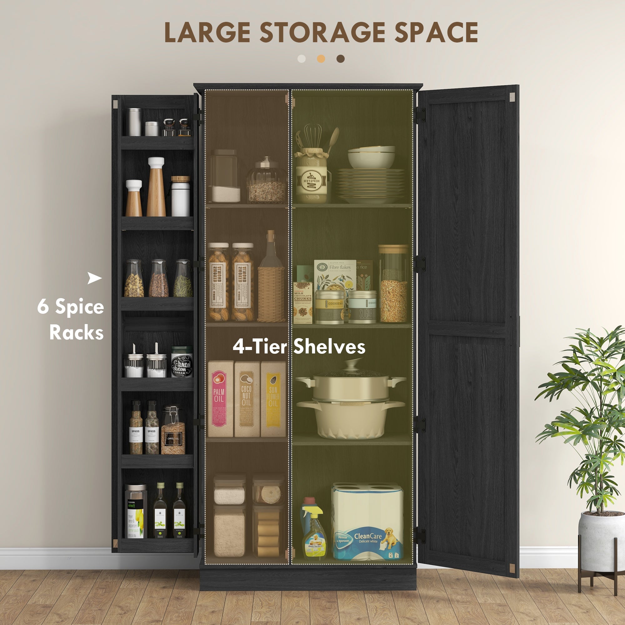 70" Kitchen Pantry Cabinet - Black Wood Grain Shelves Adjustable, Anti-Tipping-DECOROLALA