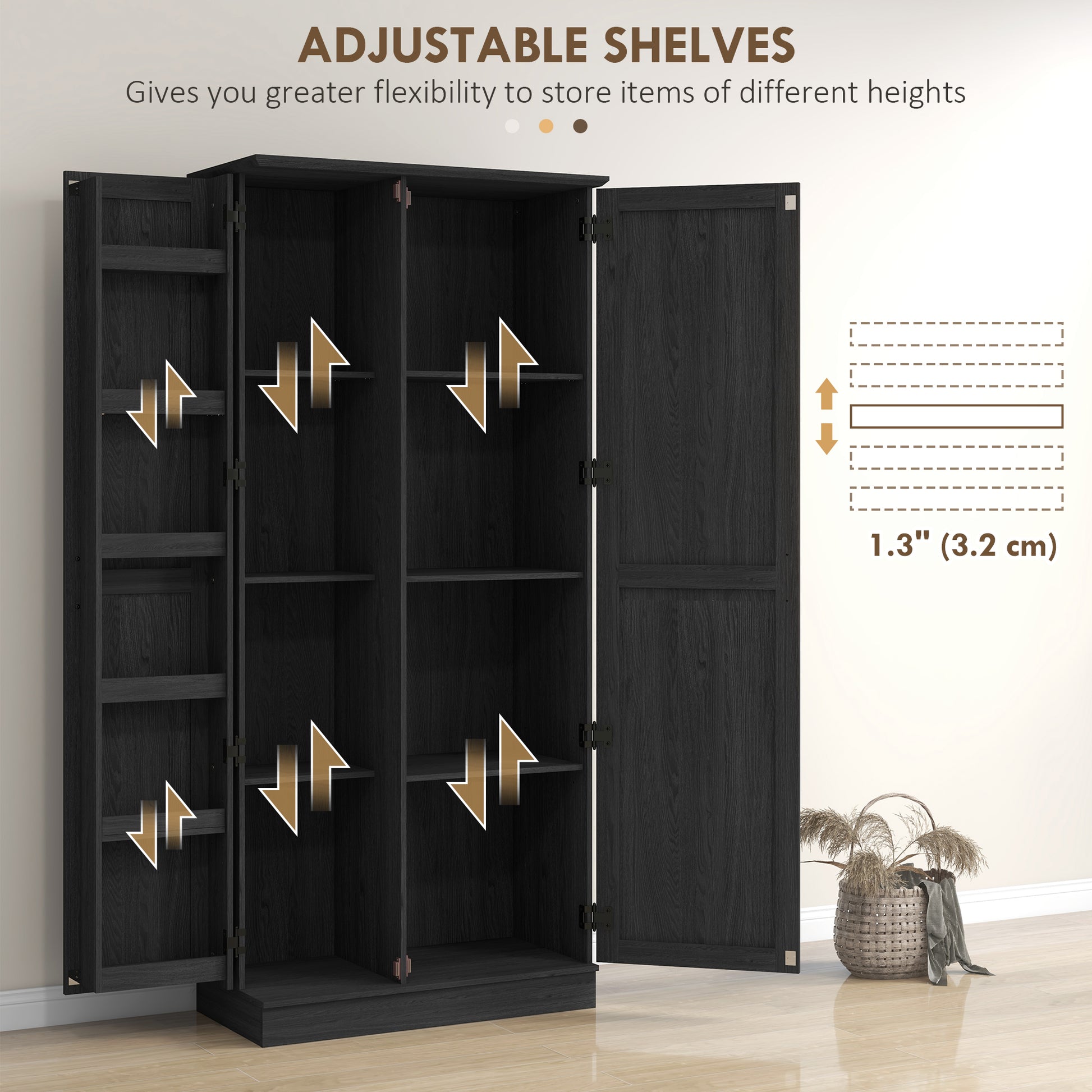 70" Kitchen Pantry Cabinet - Black Wood Grain Shelves Adjustable, Anti-Tipping-DECOROLALA