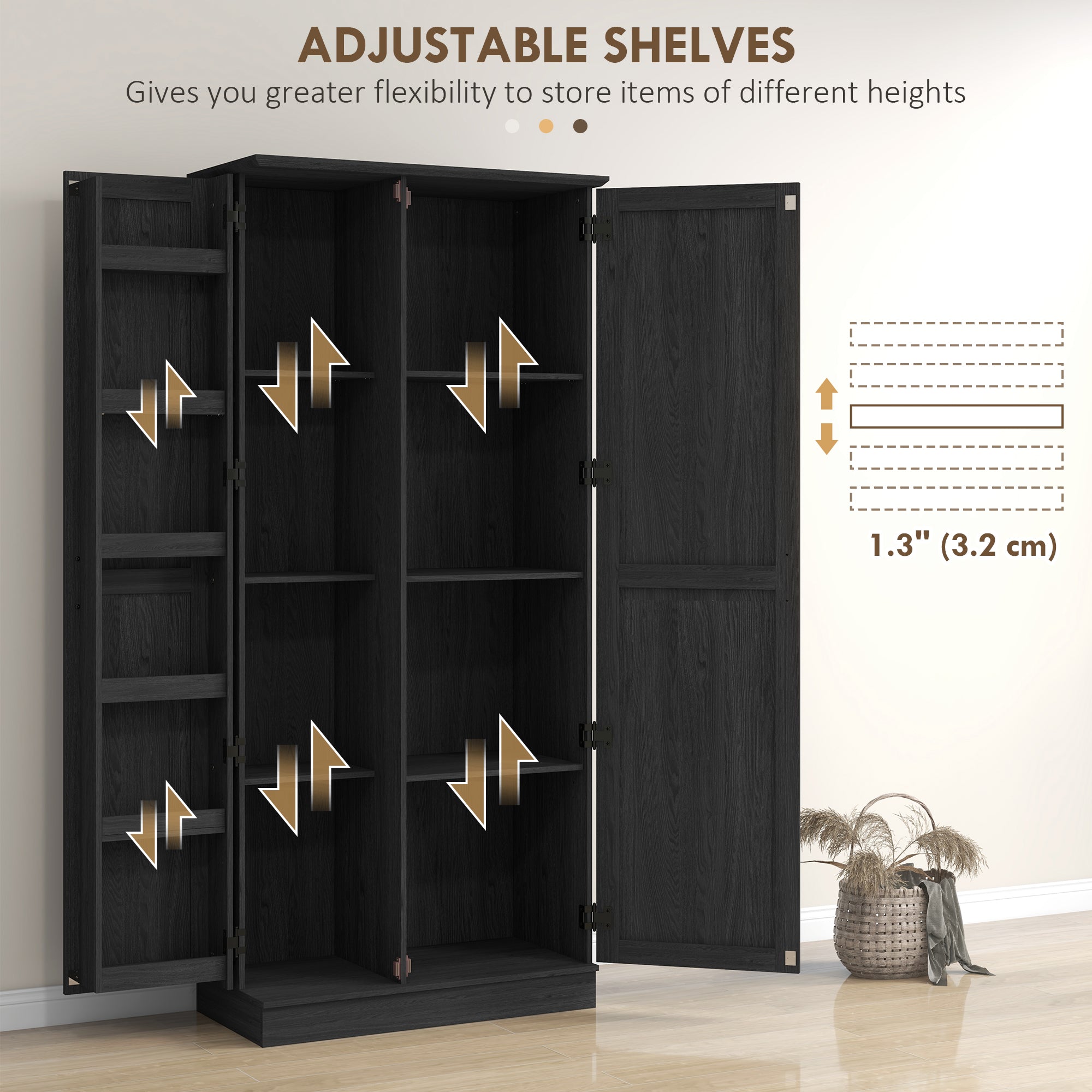 70" Kitchen Pantry Cabinet - Black Wood Grain Shelves Adjustable, Anti-Tipping-DECOROLALA