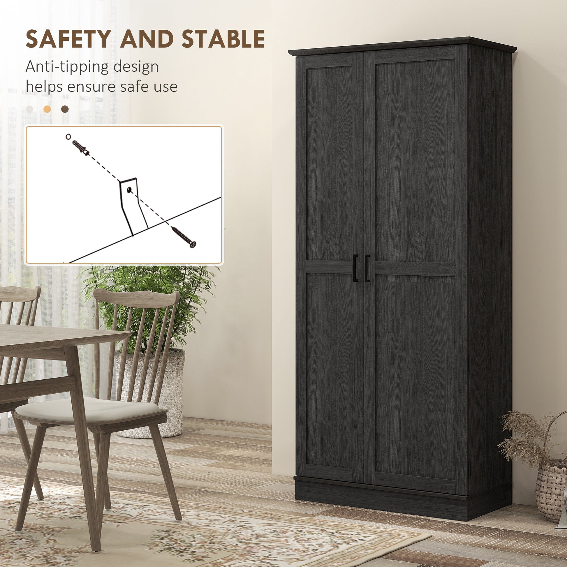 70" Kitchen Pantry Cabinet - Black Wood Grain Shelves Adjustable, Anti-Tipping-DECOROLALA