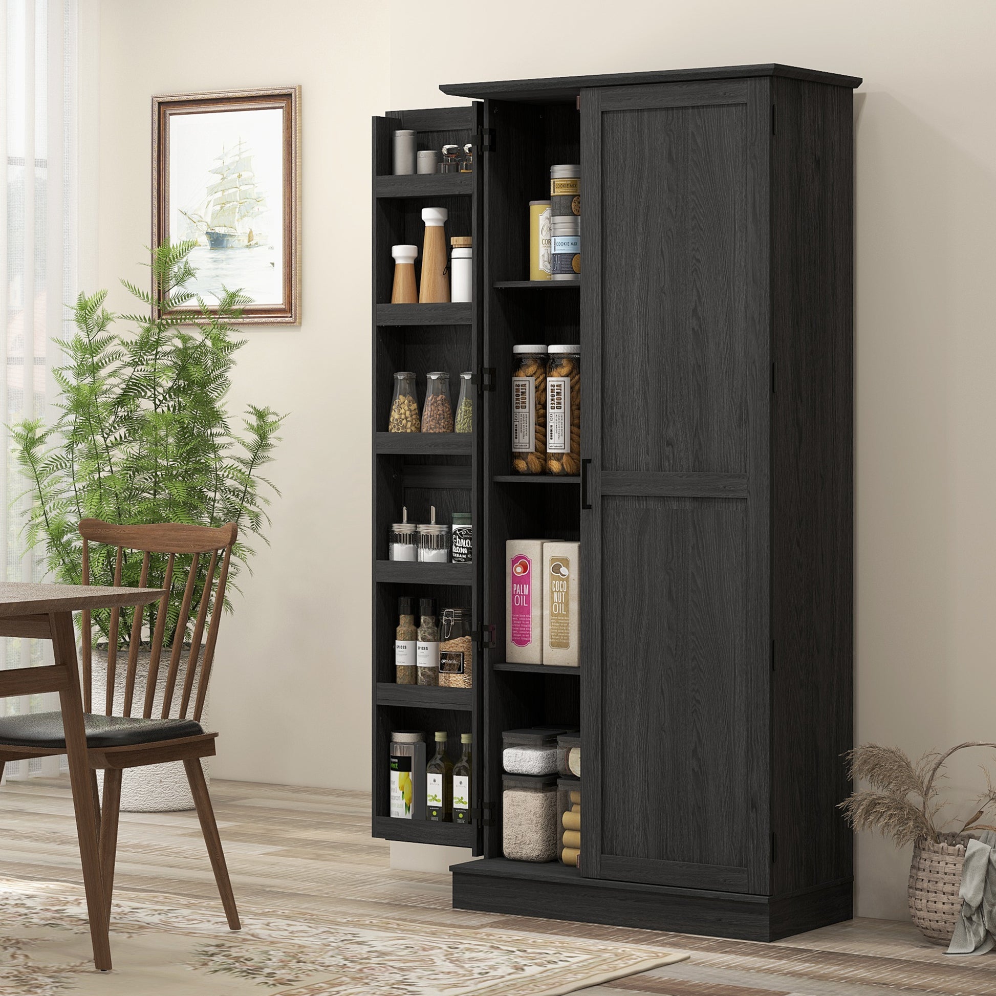 70" Kitchen Pantry Cabinet - Black Wood Grain Shelves Adjustable, Anti-Tipping-DECOROLALA